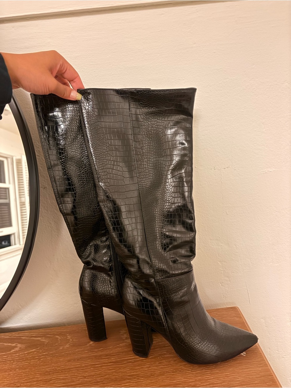 SHEIN Black Croc Embossed Knee-High Heeled Boots